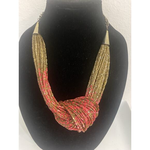 Strand Jewelry - Necklace Multi Strand Red & Gold Seed Bead Necklace